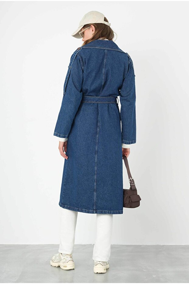 Denim Trençkot Uzun Mavi - 7