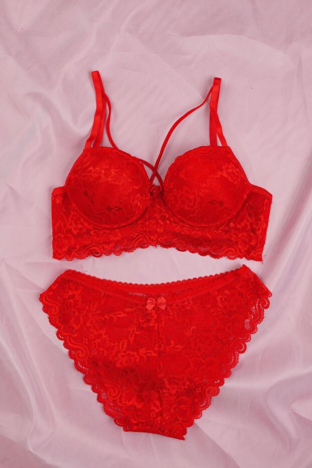 Grit & Lace Series Cross Strap Red Bra Set