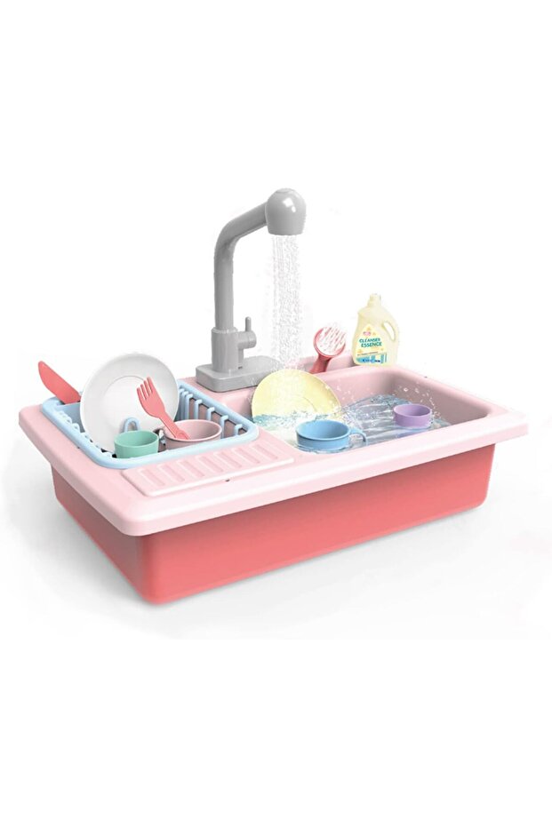 Kitchen Sink Pretend Play Set with Automatic Water Cycle System and Dishwasher,Pink
