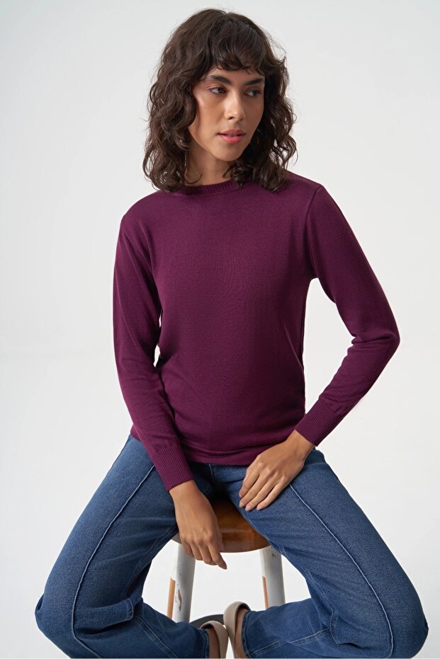 Basic o Yaka Viskon Akrilik Mürdüm Triko - 2