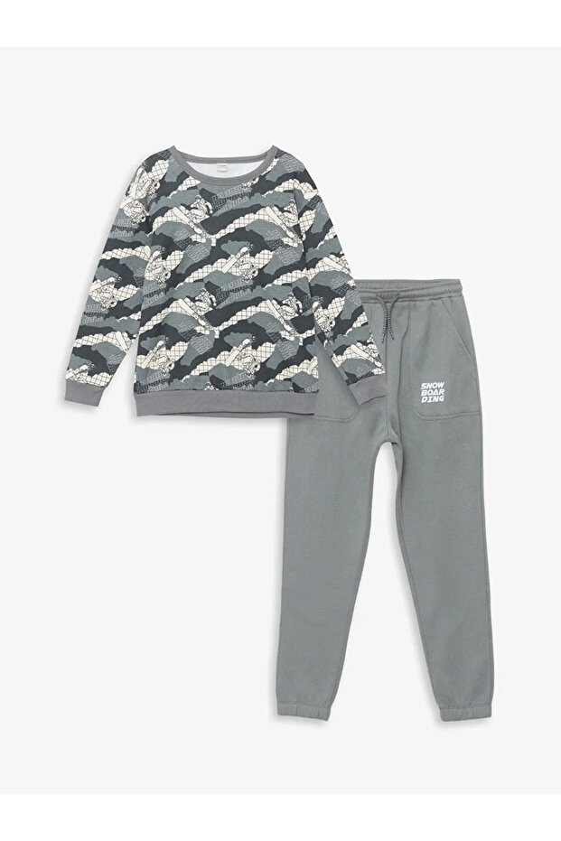 Lcw Kids Gray Crew Neck Printed Boys Tracksuit Set