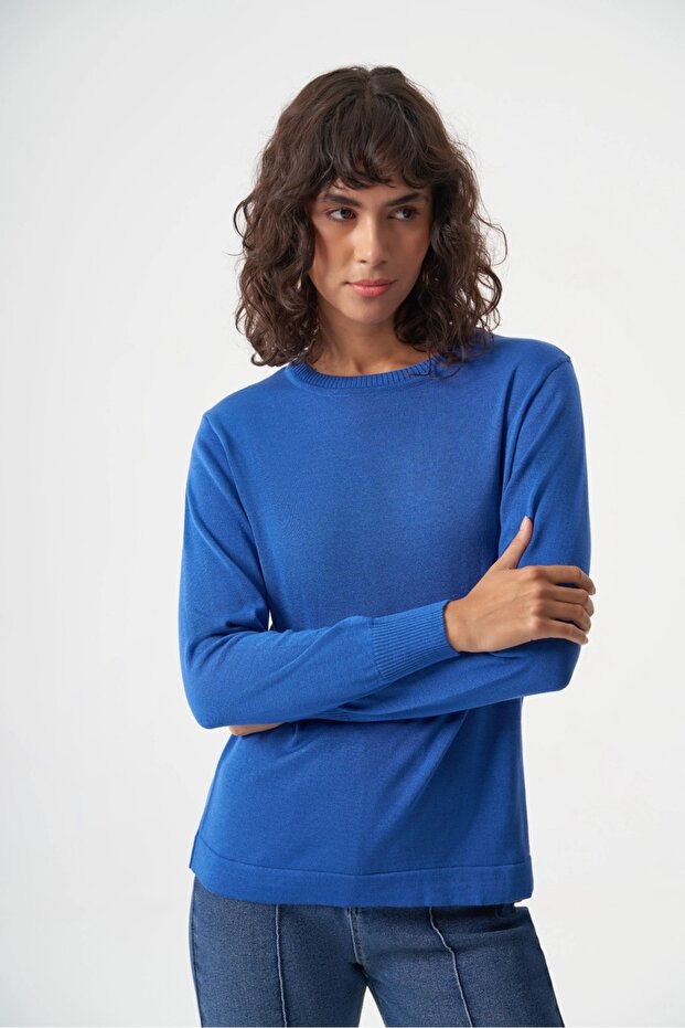 Basic o Yaka Viskon Akrilik Saks Triko - 4