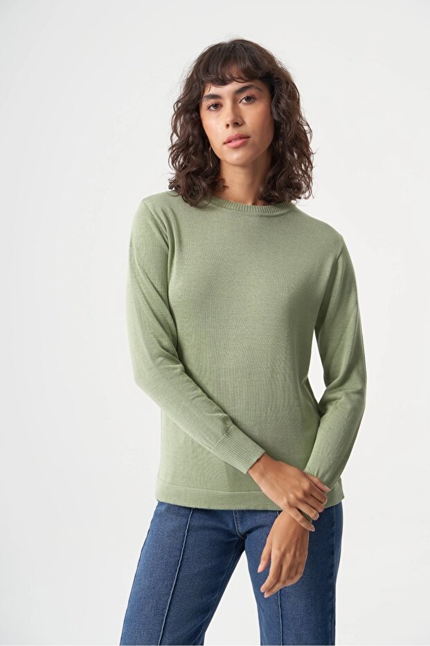 Basic o Yaka Viskon Akrilik Su Yeşili Triko - 2