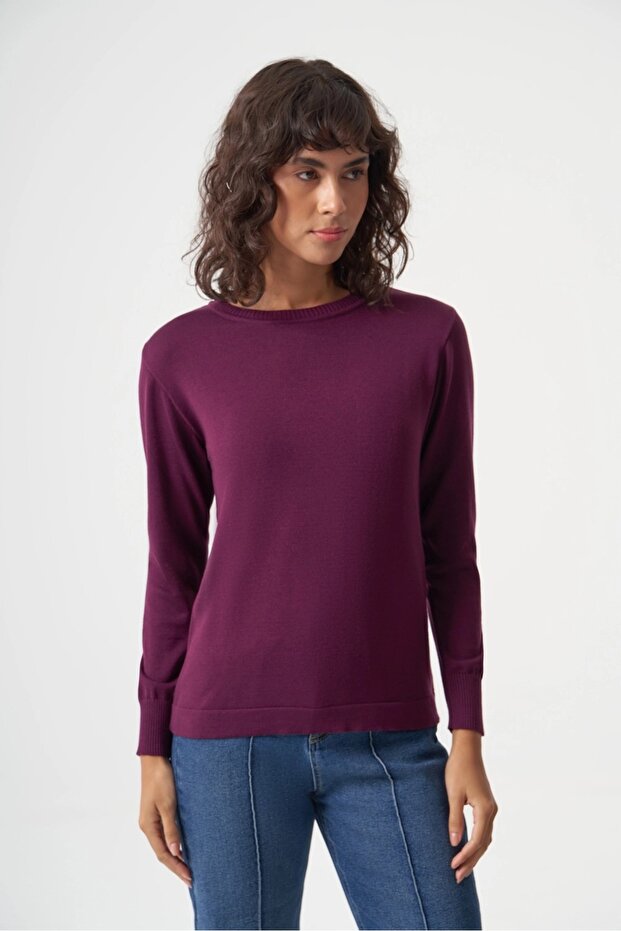 Basic o Yaka Viskon Akrilik Mürdüm Triko - 3