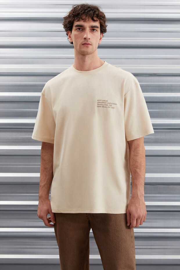 Darell Men's Oversize Fit 100% Cotton Thick Textured Printed Beige T-shirt
