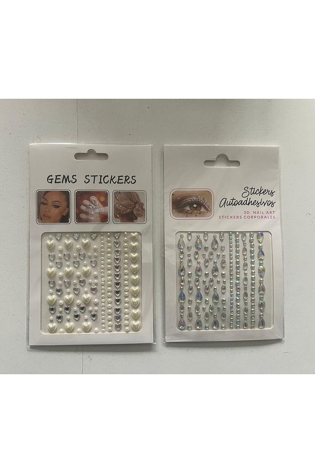 2 Kartela Birden Face Gems Yapışkanlı Yüz Taşı Seti Kalp ve Damla - 1