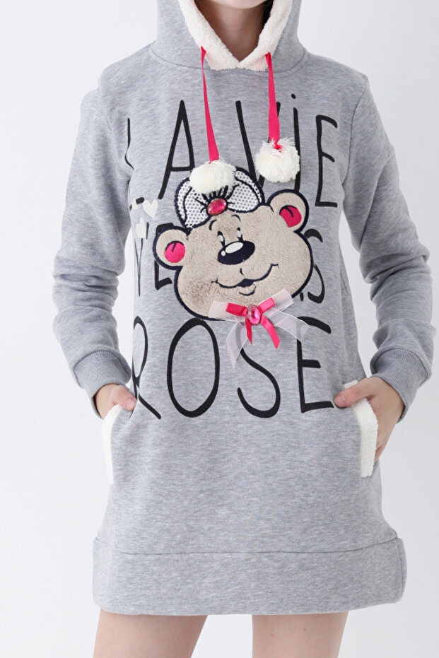 Gray Young Girl Teddy Bear Print Hooded Cotton Sweatshirt