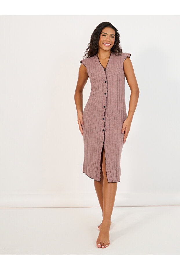 Rib Contrast Edge Button Closure Nightshirt Dress