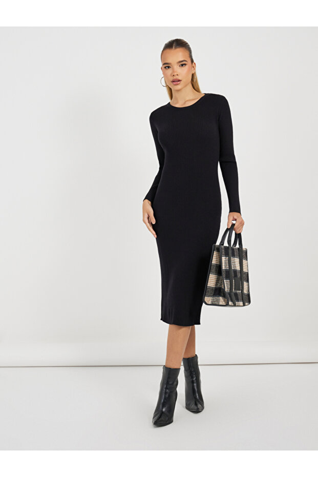 Solid Ribbed Knit Sweater Midi Dress