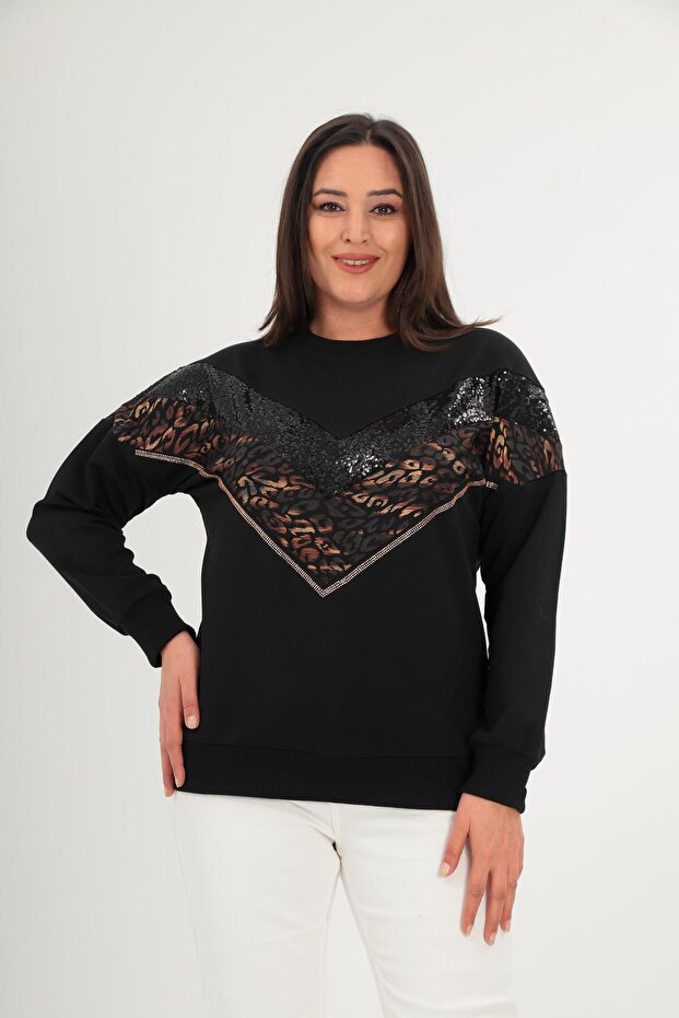 Plus Size V Leopard Garnished Sequin Detailed Black Cotton Sweatshirt