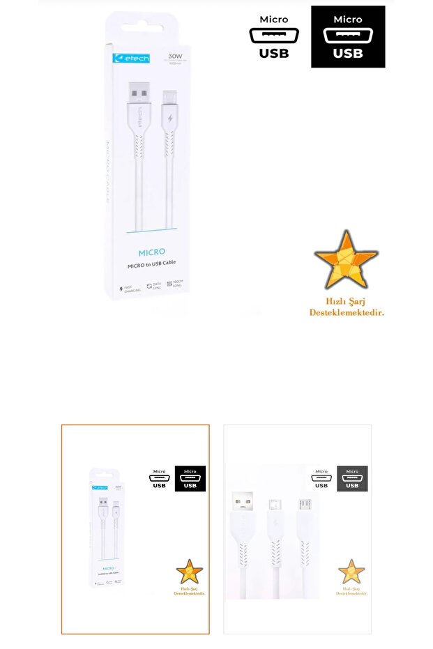 E-Tech Etech DK-010 3.0A 30W Micro USB Data Kablosu - 2