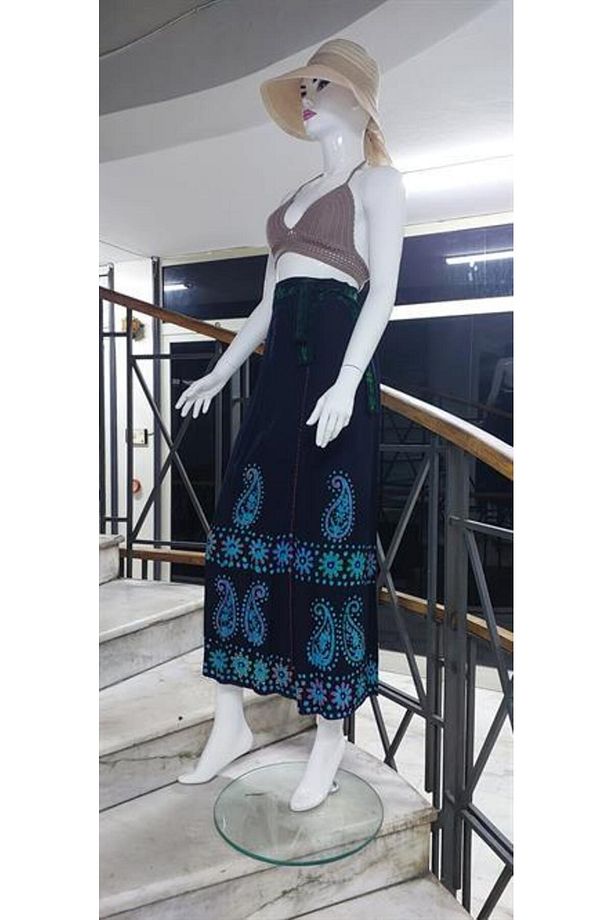 Hint Batik Çiçek Desenli Ve Işlemeli Uzun Hint Anvelop Etek - 7