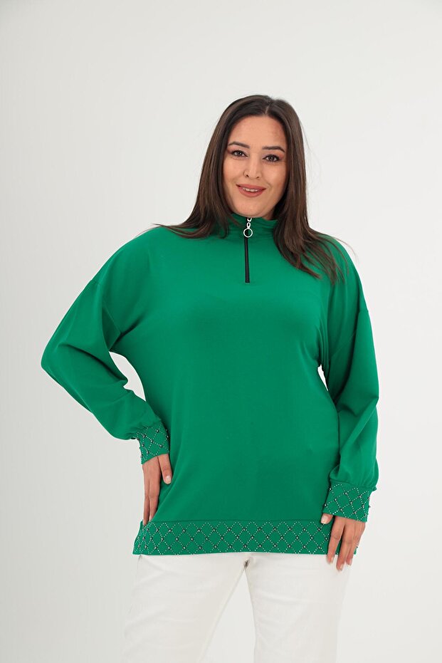 Plus Size Half Turtleneck Zip Geometric Stone Detailed Green Sweatshirt