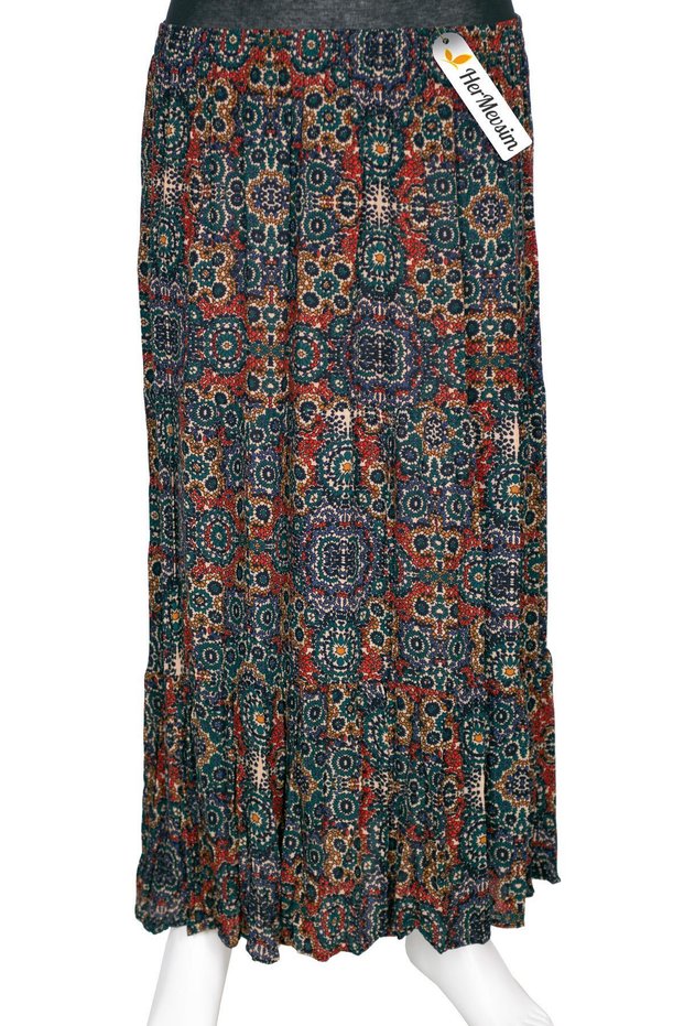Hesna Women's Olcay Summer Woven Viscose 3 Layer Ethnic Petrol Skirt