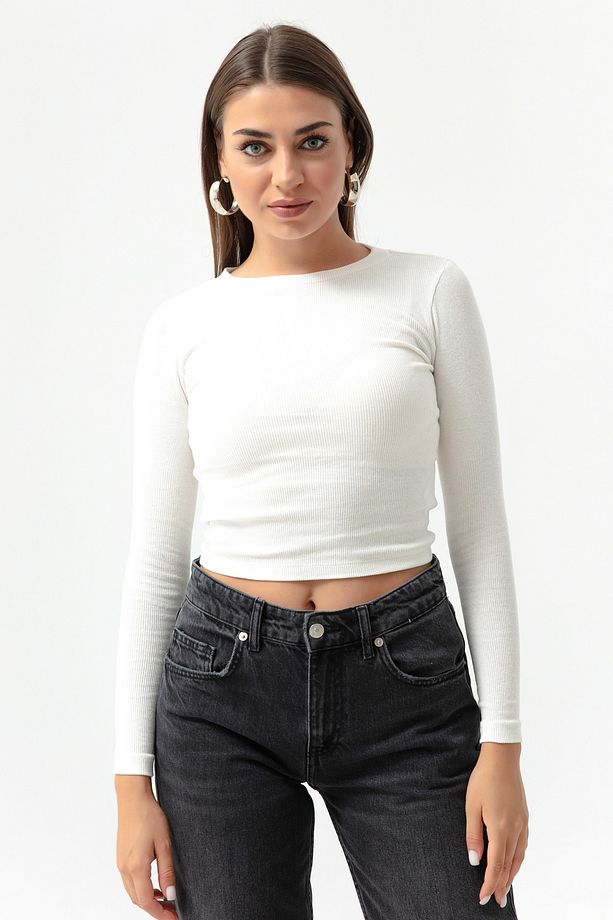 Kadın Ekru Fitilli Uzun Kollu Crop Bluz - 2