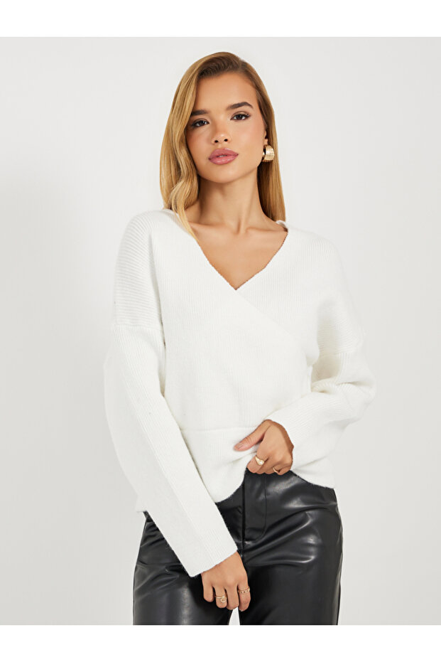 V Neck Wrap Front Knit Top