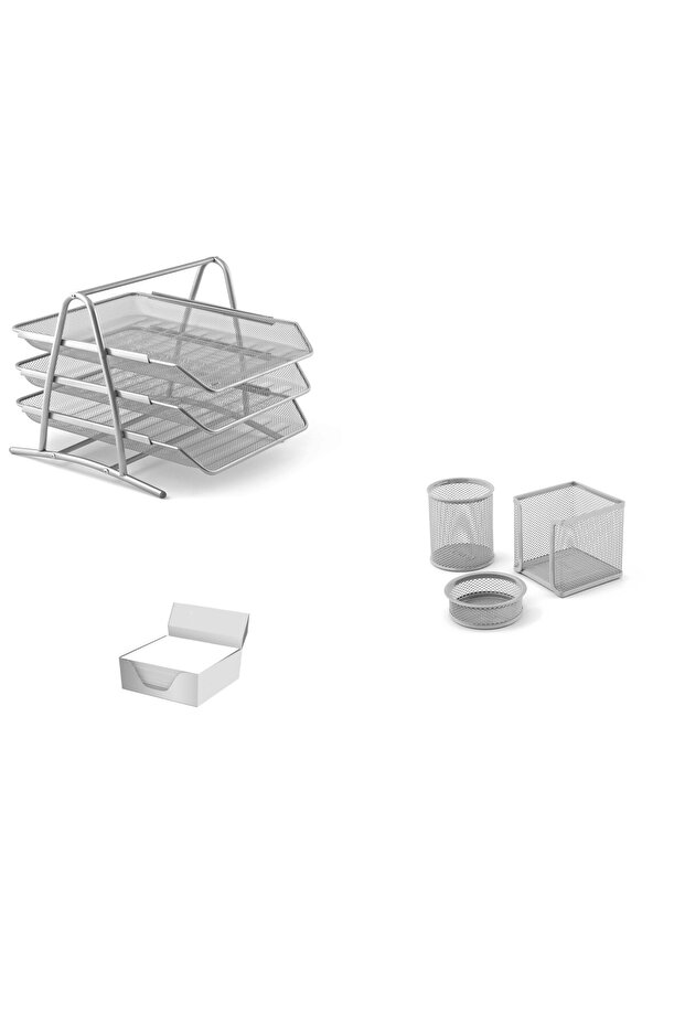 Silver Metal Table Set - 3-Piece Document Rack, 3-Piece Perforated Set and Cube Note Holder