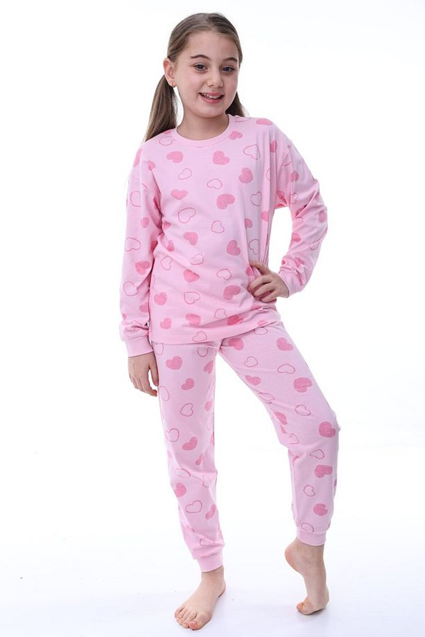 %100 Pamuk Kalp Desenli Uzun Kollu Kız Çocuk Pijama Takımı (3,4,5,6,7,8,9,10,11,12,13 YAŞ) - 1