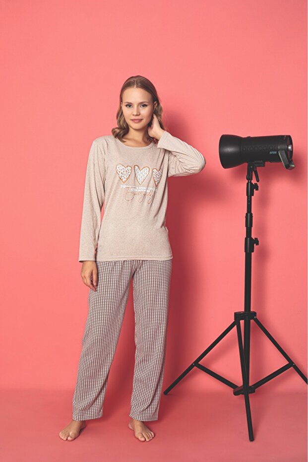Women's Jersey Crew Neck Beige Long Sleeve Pajama Set