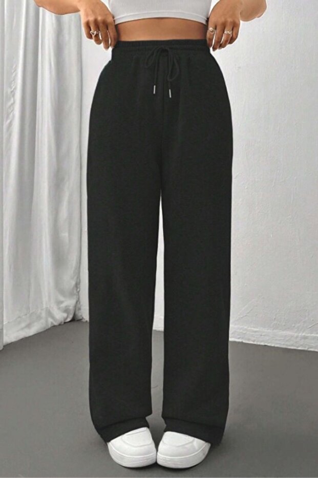 Black Seasonal Loose Wide Comfortable Leg Women's Sweatpants with Side Pockets