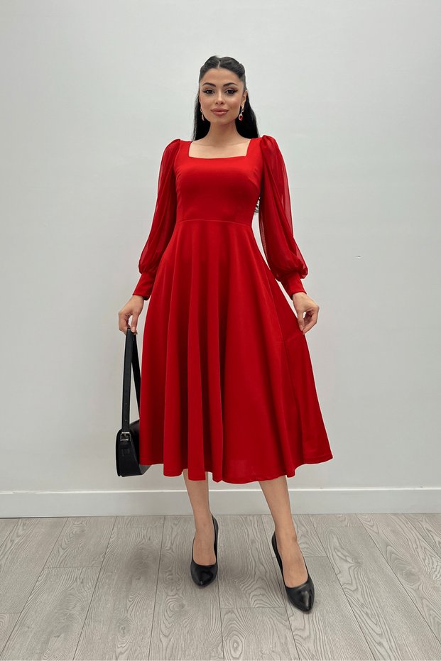 Crepe Fabric Sleeves Tulle Detailed Midi Dress - RED