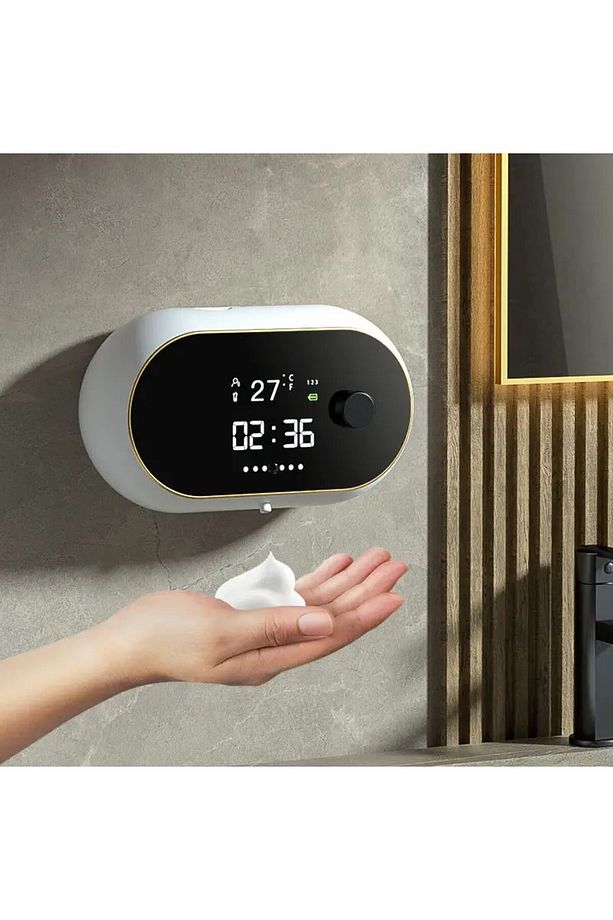 Modern Stil Duvara Monte USB Şarjlı LCD Dijital Ekran Otom. Temassız Sensörlü Köpük Sabunluk 450ml - 1