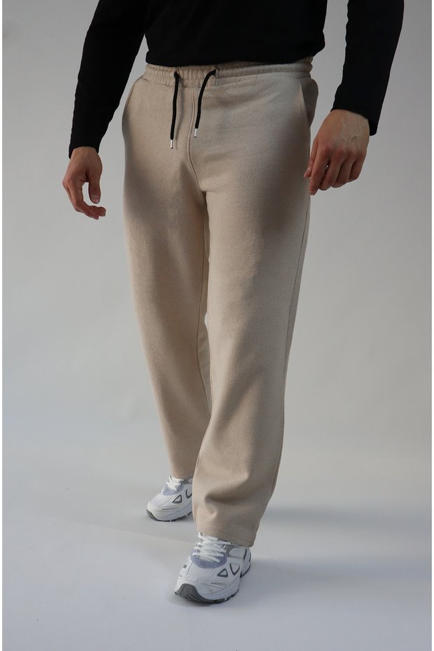 Unisex Beige 2Ip Knitted Fabric Sports Baggy Leg Sweatpants