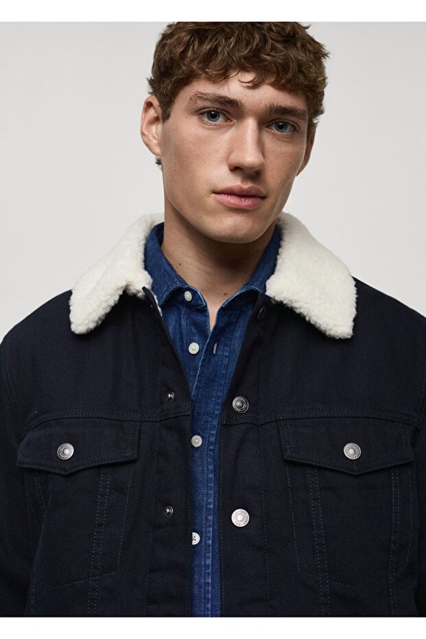 Kürk yakalı denim mont - 7