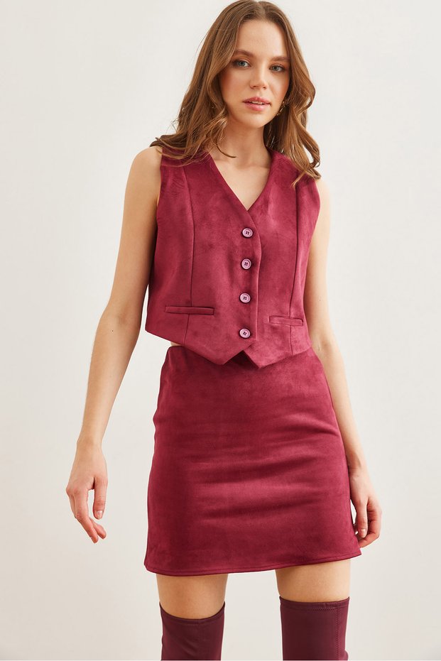 Women's Burgundy Lined Fleto Pocket Suede Vest Ylk- 19000049
