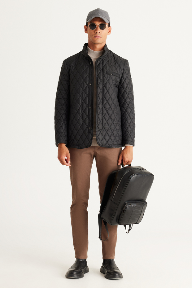 Erkek Siyah Standart Fit Normal Kesim Dik Yaka Kapitone Desenli Overcoat - 2