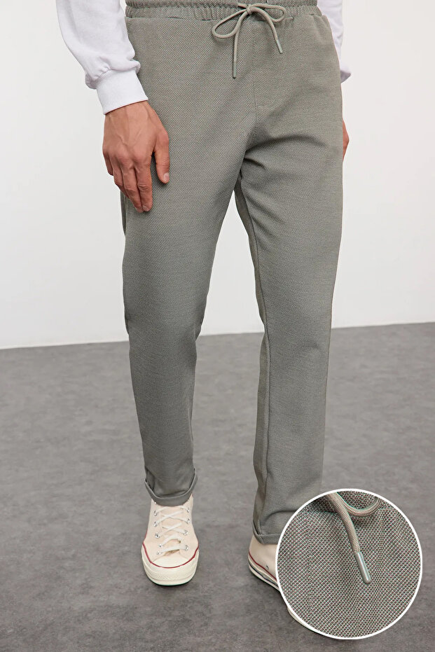 Haki Regular Fit Örme Esnek Rahat Beli Bağlamalı Lastikli Duble Paça Kumaş Pantolon TMNAW25PL00002 - 1