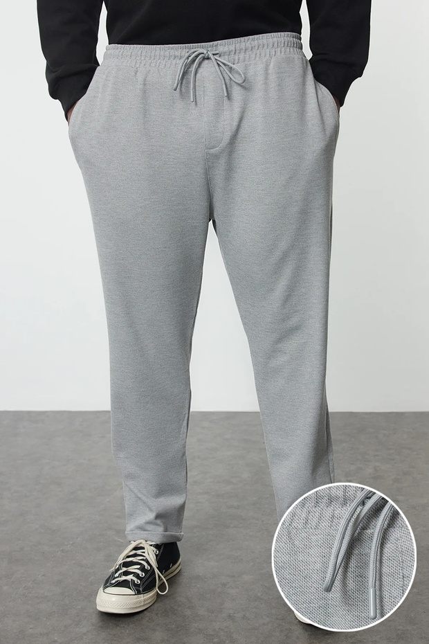 Plus Size Gray Regular Fit Elastic Waist and Tie Fabric Pants Tmnaw25Ar00004