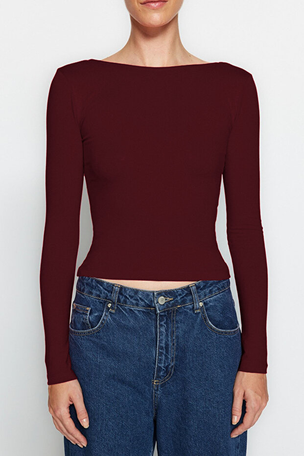 Koyu Bordo Pamuklu Sırt Dekolteli Fitted/Vücuda Oturan Esnek Örme Bluz TWOAW24BZ00160 - 6