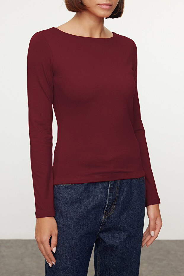 Elastyczna bluzka z bawełny w kolorze claret red z dekoltem w łódkę - dopasowana do ciała, Twoaw24Bz00166 - 3
