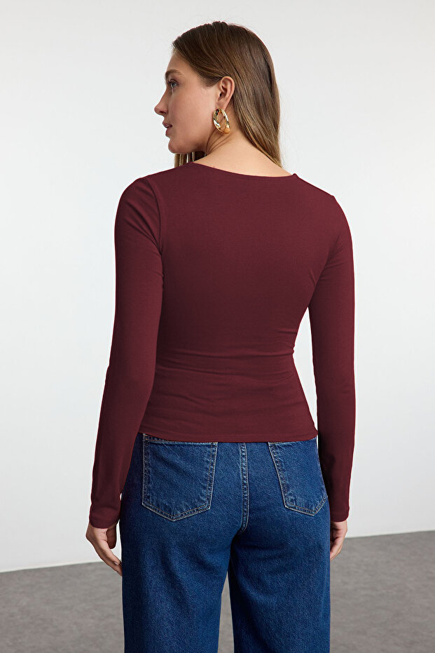 Koyu Bordo Kare Yaka Büzgü/Drape Detaylı Fitted/Vücuda Oturan Örme Bluz TWOAW25BZ00194 - 3