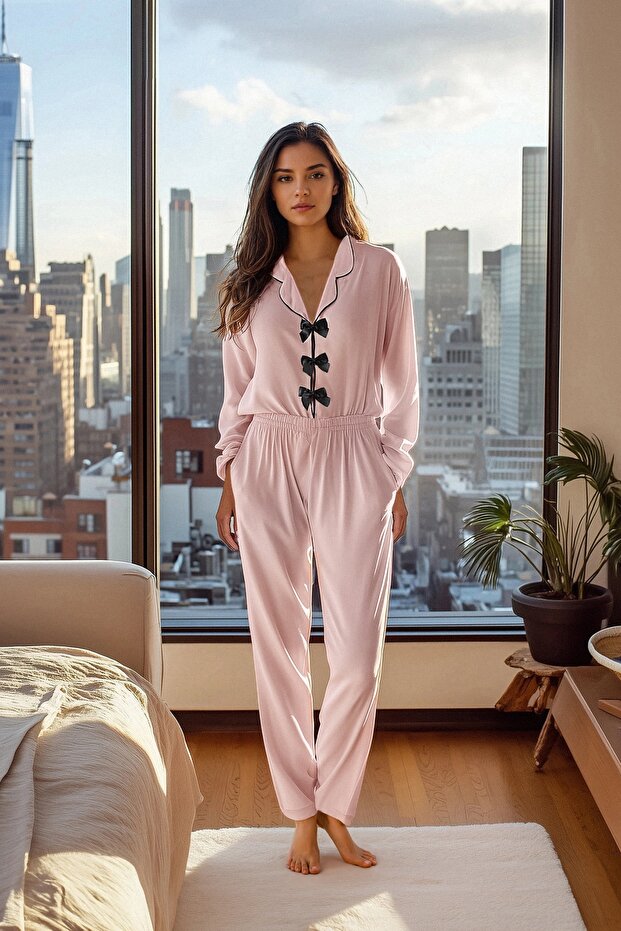 Pudra Kurdele/Fiyonk ve Biye Detaylı Viskon Dokuma Pijama Takımı THMAW25PT00032 - 1