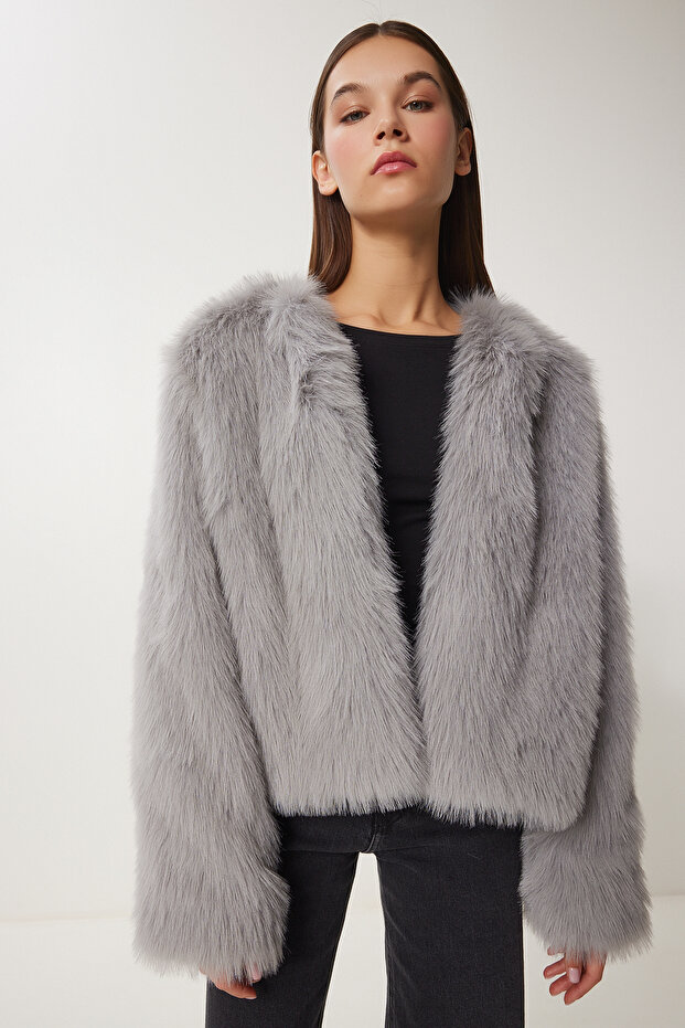 Women's Gray Faux Fur Jacket Ul00047