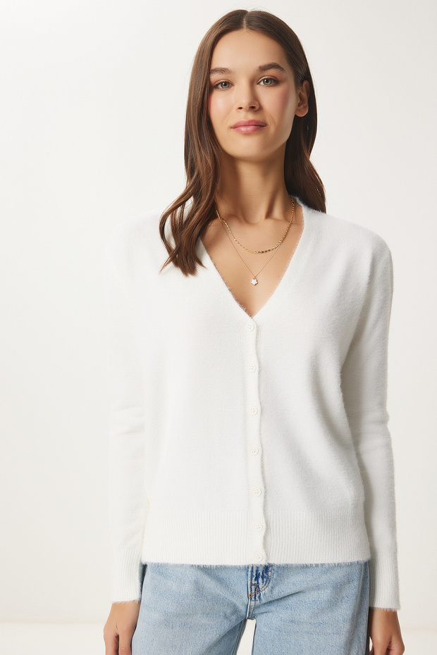 Women's Ecru V-Neck Bearded Seasonal Knitwear Cardigan Fn03446
