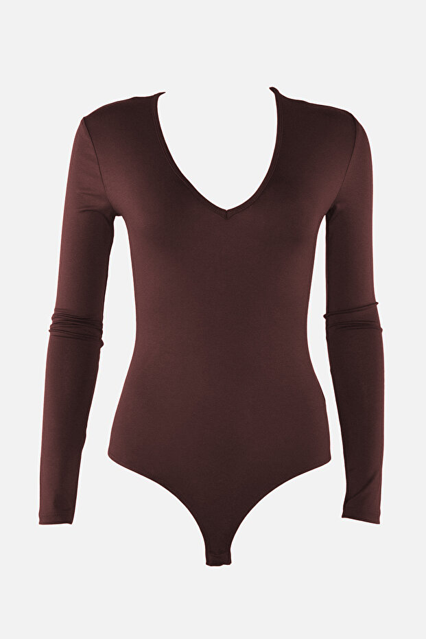 Kahverengi Derin V Yakalı Çıtçıtlı Örme Body TPRAW22BD0084 - 6