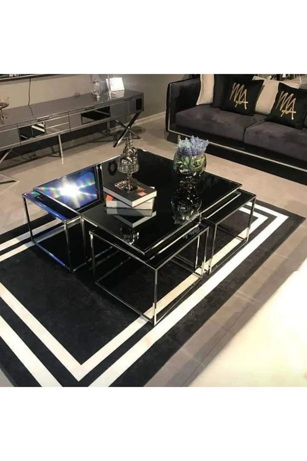 Home Plus 4 1 Gümüş Krom Kaplama Siyah Cam Kare Pizza Orta Sehpa - 2