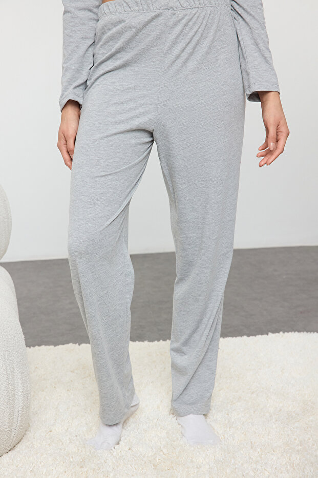 Gri Melanj Pamuklu Panda Baskılı Örme Pijama Takımı THMAW21PT0245 - 4