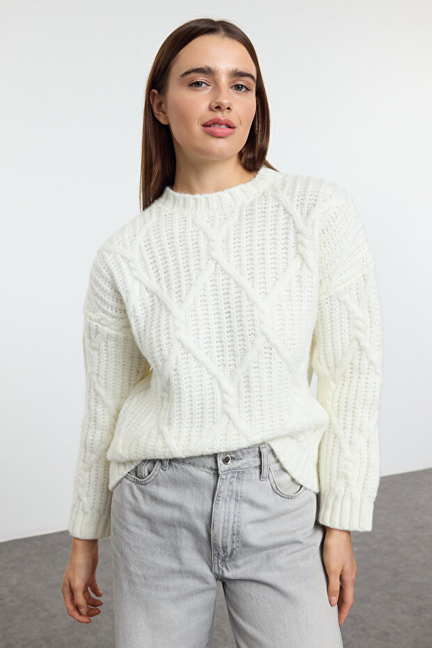 Ecru Wide Fit Soft Textured Knitwear Sweater Twoaw23Kz01373