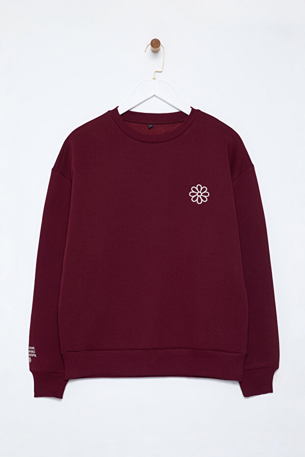 Bordo Nakışlı Regular/Normal Kalıp Kalın İçi Polarlı Örme Sweatshirt TWOAW25SW00176 - 6