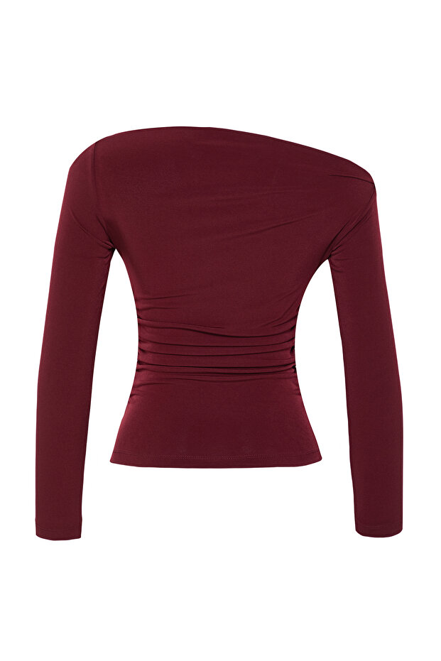 Bordo Büzgü/Drape Detaylı Fitted/Vücuda Oturan Uzun Kollu Esnek Örme Bluz TWOAW25BZ00248 - 6