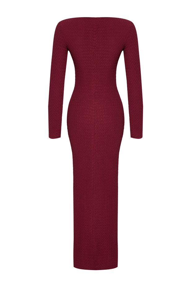 Bordo Düz Dokulu Fitted/Vücuda Oturan Maxi Örme Elbise TWOAW25EL00097 - 7