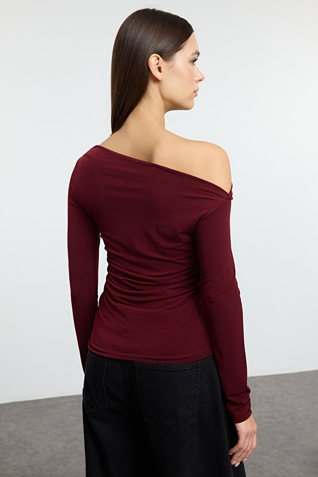 Bordo Büzgü/Drape Detaylı Fitted/Vücuda Oturan Uzun Kollu Esnek Örme Bluz TWOAW25BZ00248 - 5