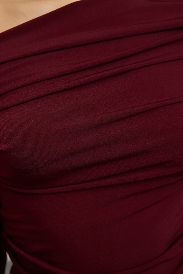 Bordo Büzgü/Drape Detaylı Fitted/Vücuda Oturan Uzun Kollu Esnek Örme Bluz TWOAW25BZ00248 - 4