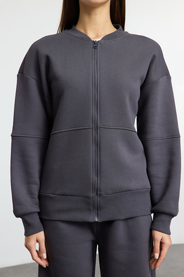 Anthrazitfarbenes Fleece-Trainingsanzug-Set mit Reißverschluss und dicker Innenseite - weite Passform Twoaw25em00001 - 3