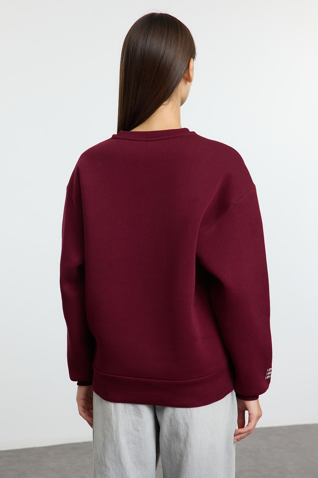 Bordo Nakışlı Regular/Normal Kalıp Kalın İçi Polarlı Örme Sweatshirt TWOAW25SW00176 - 5