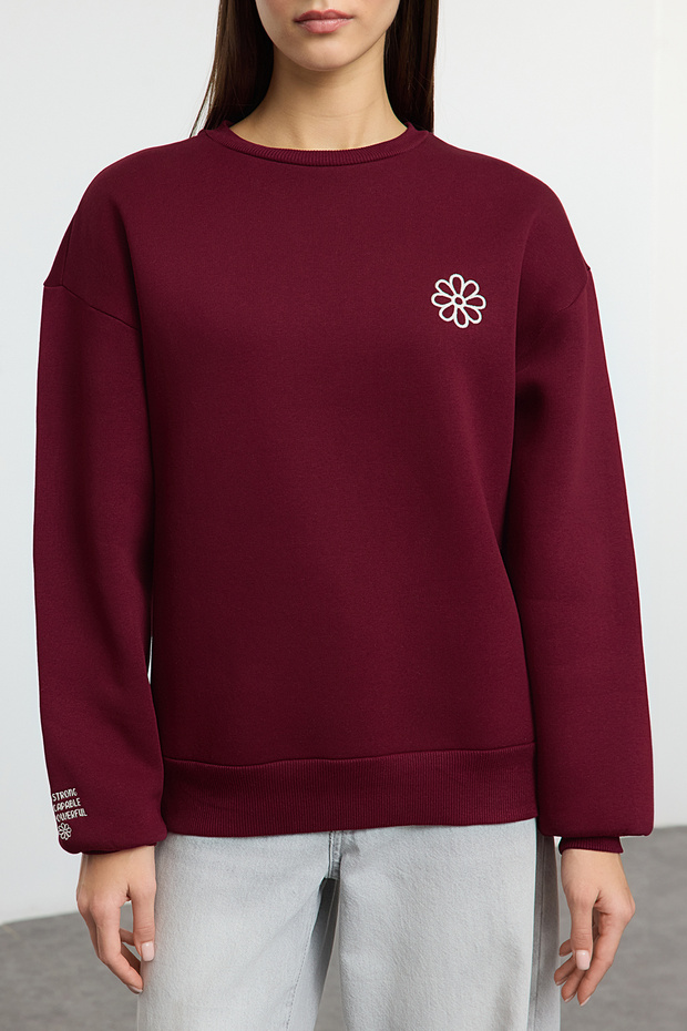 Bordo Nakışlı Regular/Normal Kalıp Kalın İçi Polarlı Örme Sweatshirt TWOAW25SW00176 - 3